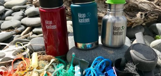 A rainbow of plastic waste found during a 2 minute beach clean, next to our reusable Klean Kanteen bottles
