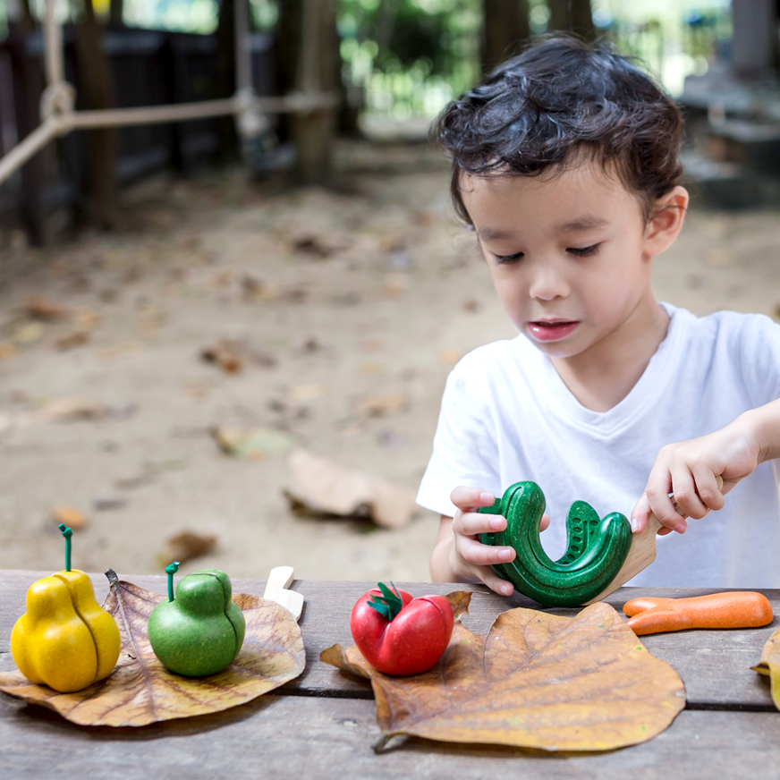 Plan Toys Wonky Fruit and Veg is a great toy for fine motor skills