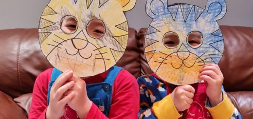 Liz's two boys with their tiger masks for Chinese New Year