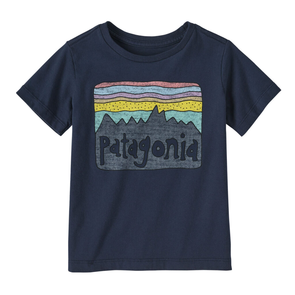 Navy Blue Patagonia regenerative organic cotton baby tshirt with bright Patagonia abstract mountain graphic 