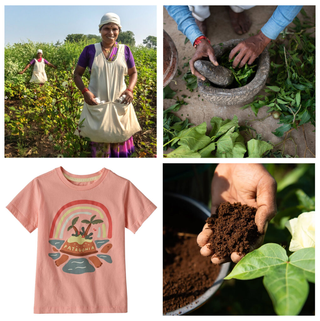 4 square images in a square. starting clockwise from top left; 1st pic, 2 cotton workers one in foreground in cotton field, cotton in aprons, both smiling. 2nd pic, a person crouches using pestle and mortar, crushing green leaves. Pic 3, a hand holds a handful of soil, leaves and flowers surround. Pic 4, the Patagonia Baby graphic t-shirt in flamingo pink with turtle isle picture is on white background. 